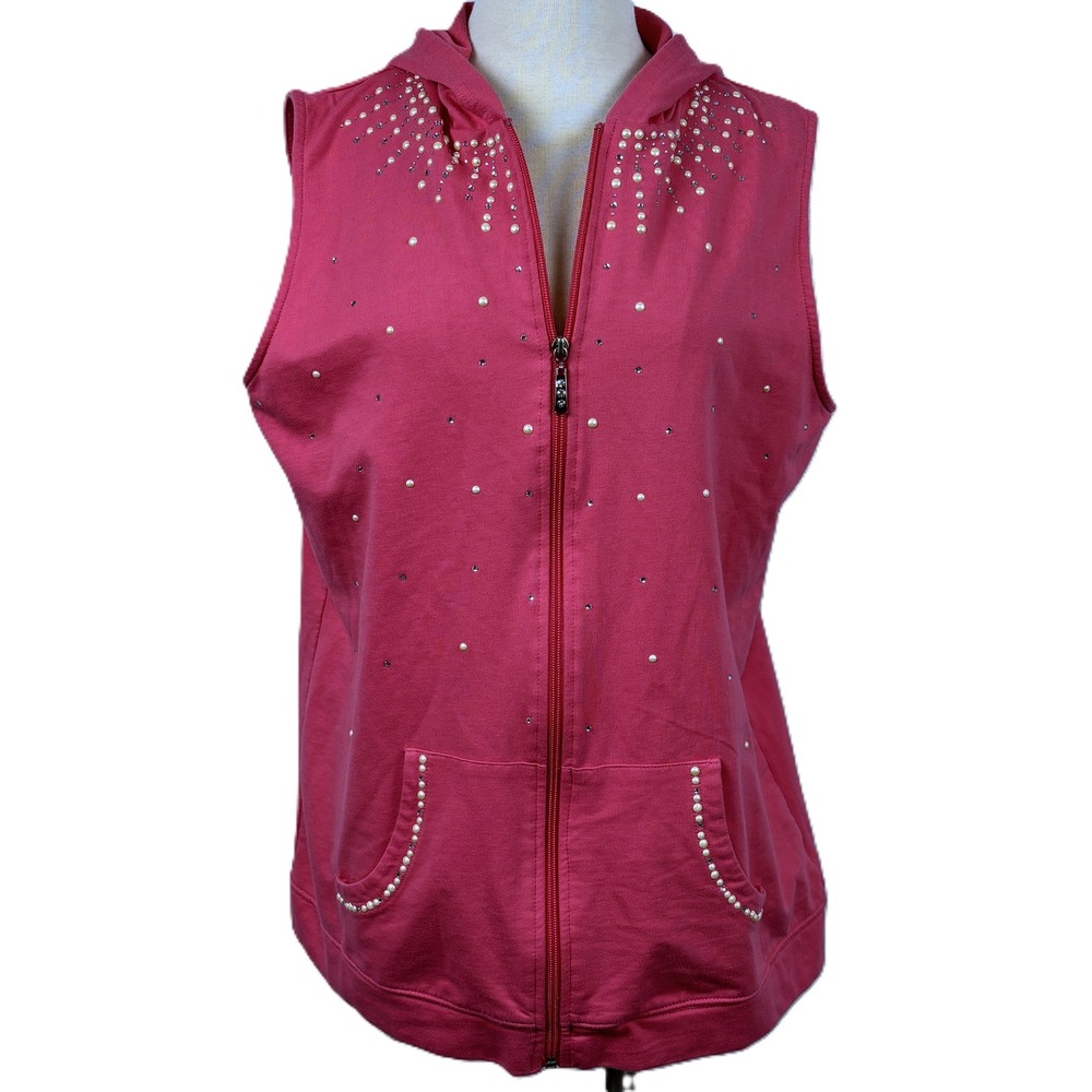 Quacker Factory Pink Sleeveless Hoodie Vest Pearl Rhinestone Embellished M Y2K